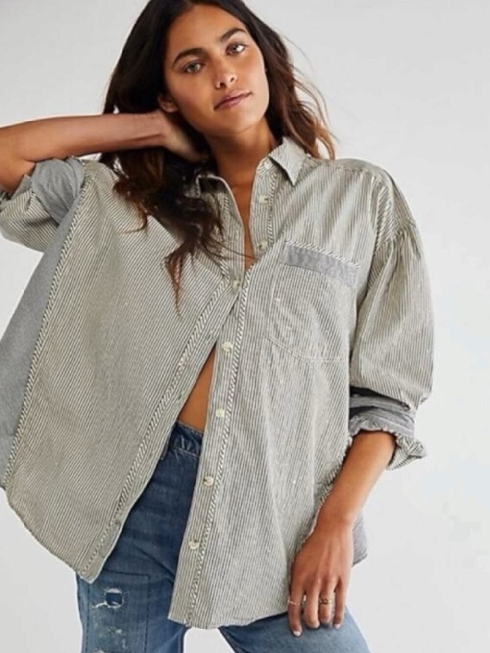 Free People Oversized Happy Hour Oxford Button Down Shirt Small Preppy Stripes